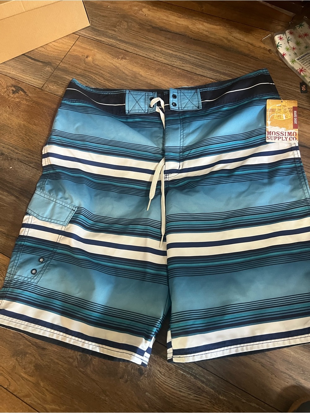 Mossimo Supply Co. Teal and White Striped Men’s Swim Board Shorts